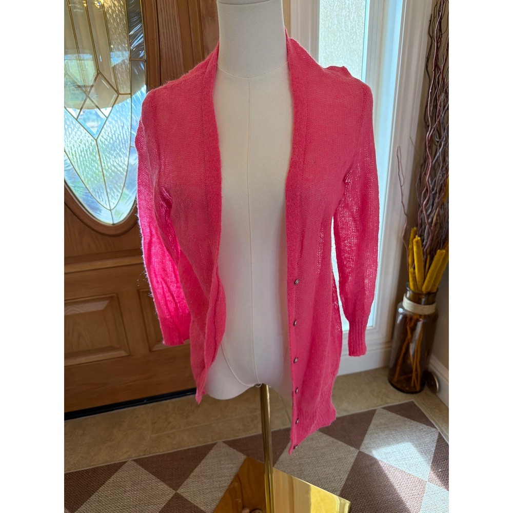 J.Crew Pink Mohair Wool Blend Long Cardigan Sweater Neon Open Knit Medium 54930